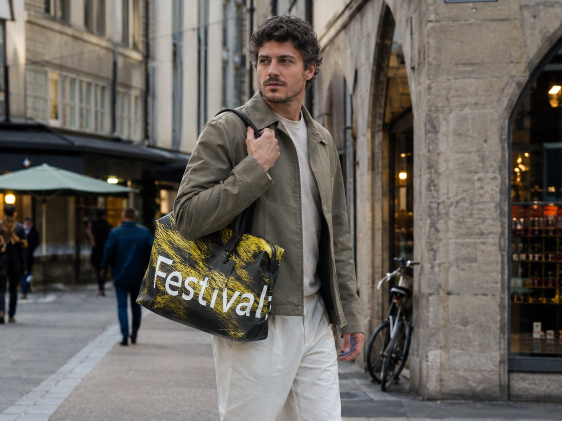Mann mit Pardo-Weekender-Tasche in einer Altstadtgasse